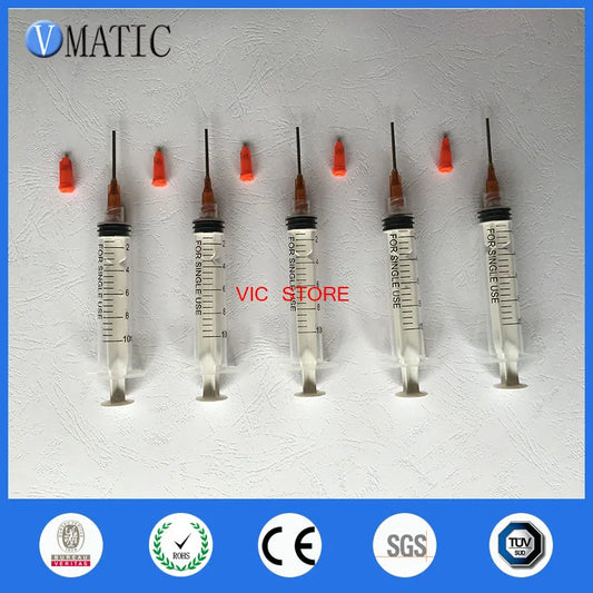 Free Shipping Non-Sterilized 5 Sets 1'' Inch 15G Glue Liquid Dispenser Needles + 10cc/ml Dispenser Syringe With Red Cap Stopper