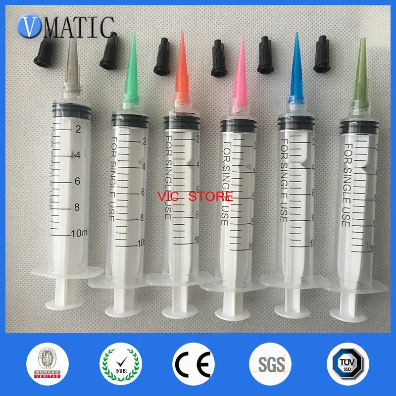 Free Shipping Non Sterilized 6 Sets Luer Lock 10ml/cc Manual Syringes With Plastic Needles & Caps/Stopper