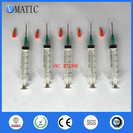 Free Shipping Non Sterilized 5Pcs 10Cc/Ml Plastic Syringe + 5Pcs 18G 1'' Length Dispensing Needles + 5Pcs Syringe Cap/Stopper