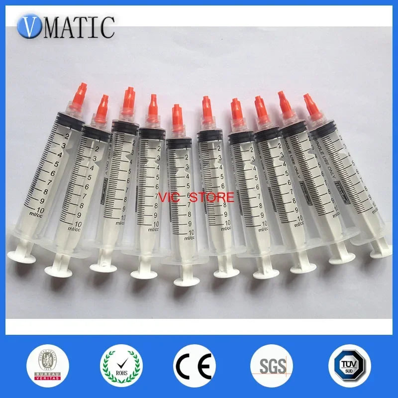 Free Shipping 10Sets 10ml/cc Plastic Syringe With Red Luer Lock Syringe Tip Cap Stopper