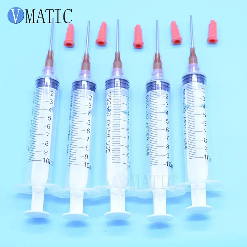Free Shipping 5 Sets 15G Length Glue Liquid Dispenser Needles 1 Inch + 10cc/ml Dispenser Syringe With Orange Syringe Cap/Stopper