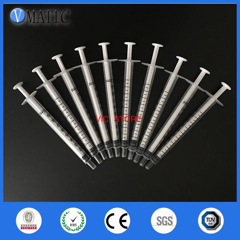 Free Shipping 10 Sets Dispensing Plastic Manual Syringes 1cc/ml With White Plunger With Black Cap/Stopper