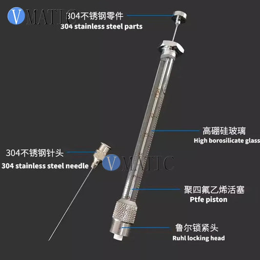 Removable Needle Micro Syringe 25 50 100 250 500ul, Luer Lock Tip 1-200ml Lab Syringe for HPLC, GC