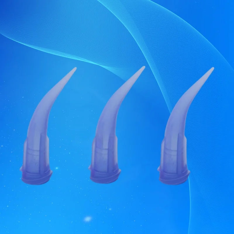 22G Industrial Bent Tip Needles 100PC Bulk | Blue PP Dispensing Tips for TT-Style Glue Guns (0.41mm ID × 25° Angled)