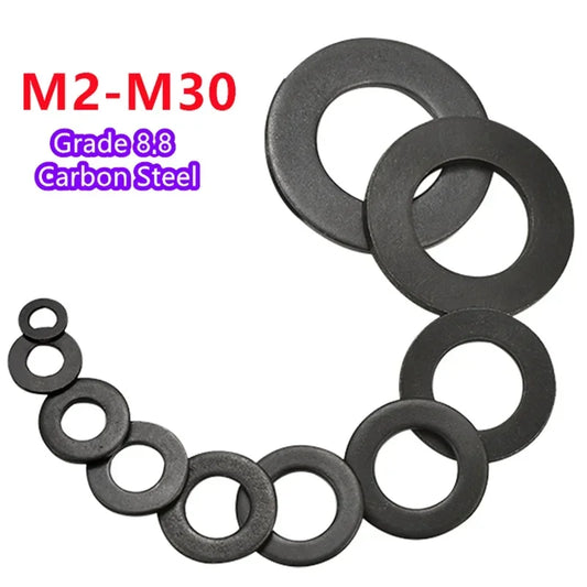 Black Grade 8.8 Carbon Steel Plain Gasket Flat Washer M2 M2.5 M3 M4 M5 M6 M8 M10 M12 M14 M16 M18 M20 M22 M24 M27 M30