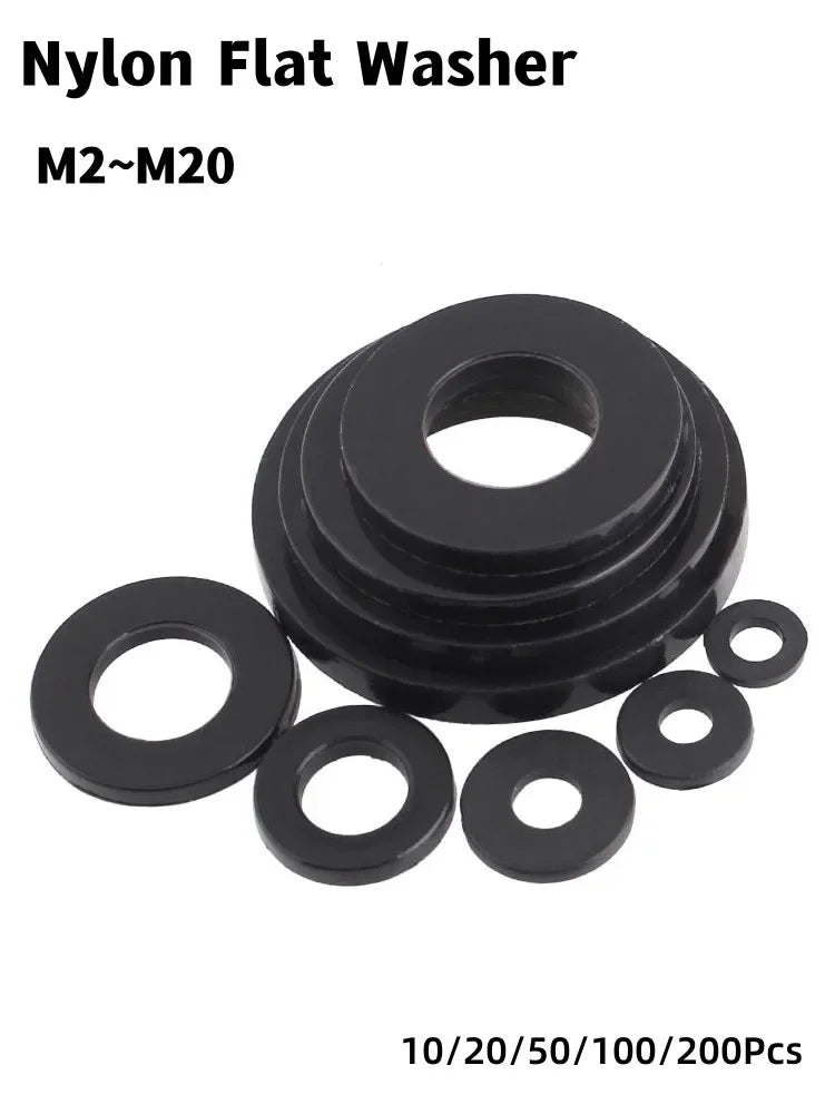 Black PA66 Nylon Plastic Flat Washer Plane Spacer M2 M2.5 M3 M4 M5 M6 M8 M10 M12 M14~M20 Insulation Gasket Ring For Screw 1~3mm