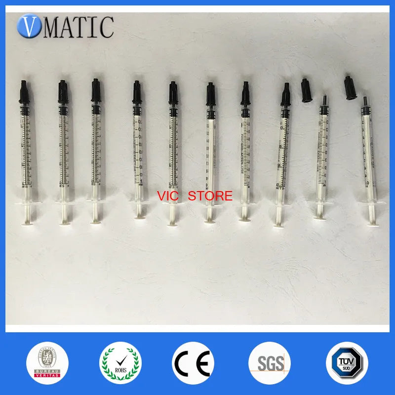 Free Shipping 10 Sets Dispensing Plastic Manual Syringes 1cc/ml With White Plunger With Black Cap/Stopper