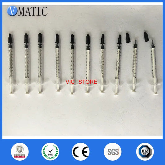 Free Shipping 10 Sets Dispensing Plastic Manual Syringes 1cc/ml With White Plunger With Black Cap/Stopper