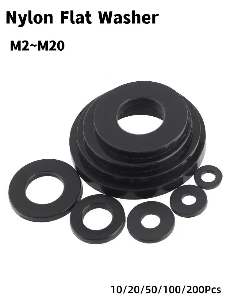 Black PA66 Nylon Plastic Flat Washer Plane Spacer M2 M2.5 M3 M4 M5 M6 M8 M10 M12 M14~M20 Insulation Gasket Ring For Screw 1~3mm