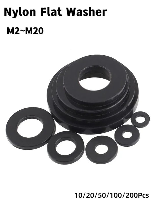 Black PA66 Nylon Plastic Flat Washer Plane Spacer M2 M2.5 M3 M4 M5 M6 M8 M10 M12 M14~M20 Insulation Gasket Ring For Screw 1~3mm
