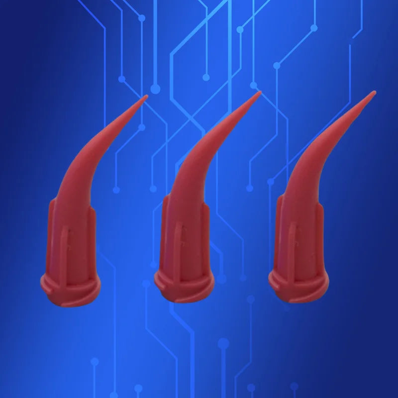 ‌25G Tapered Needles | 100pcs Red Dispensing Tips (30° Bent, Luer Lock, 0.3mm Aperture)