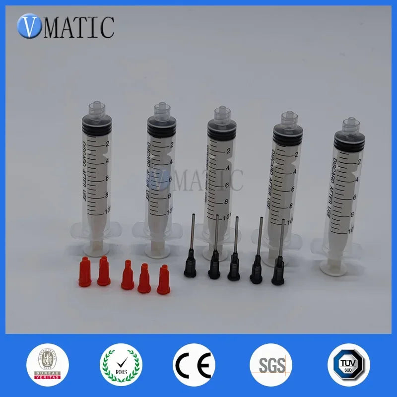 ‌5x5x5 Dispensing Kit: 16G 25mm Industrial Needles + 10ml Transparent Syringes + Red Caps (Anti-Leak Set) for Nail Art/Epoxy Res